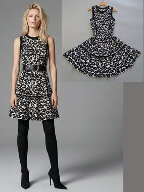 Kate Spade Black & White Knit Fit-and-Flare Dress Dense Stretch Knit